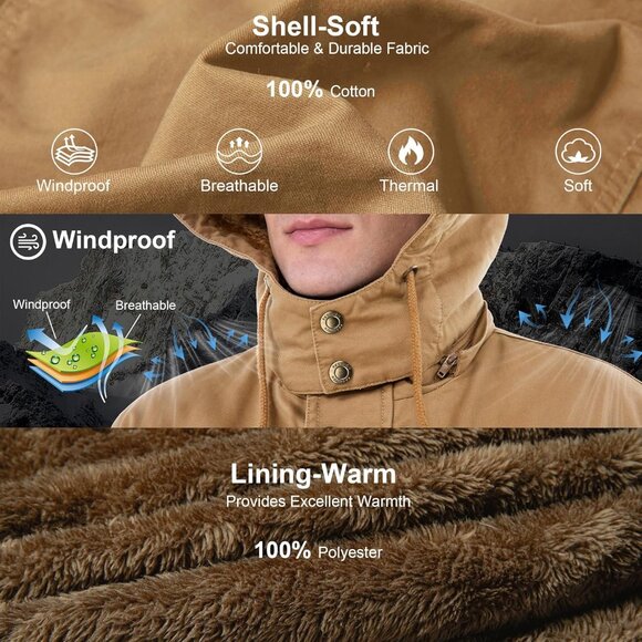 Mens Khaki Thick Winter Jacket Hooded Fleece Lined Cotton Military Coat - Picture 3 of 6